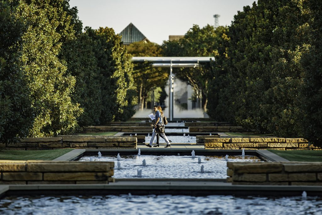 Photos of students walking in Margaret McDermott Plaza